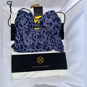 Blue cheetah print one piece swimsuit with gold accents